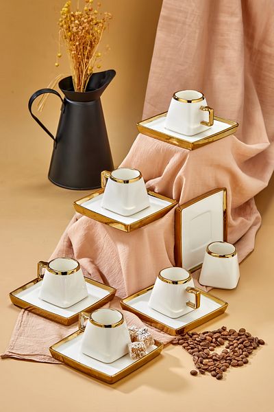 Vadi Carmen 6 Person - Gold Detailed Porcelain Coffee Cup Set