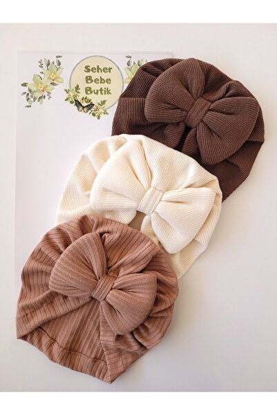 SeherBebeButik Kız Bebek & Çocuk Renkli Fiyonklu Bone 3'Lü Set