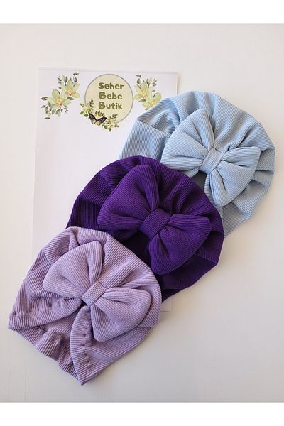 SeherBebeButik Baby Girl and Children's Bonnet with Colorful Bow - Set of 3