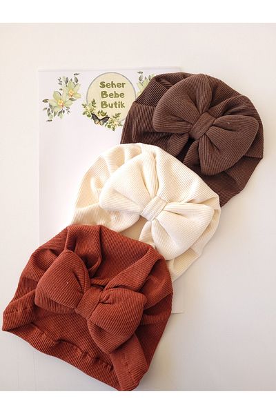 SeherBebeButik Baby Girl and Children's Bonnet with Colorful Bow - Set of 3