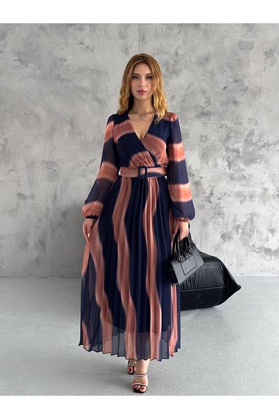 Neşeli Butik Double-breasted Collar and Belt Pleated Chiffon Women's Dress - NBK2113-1