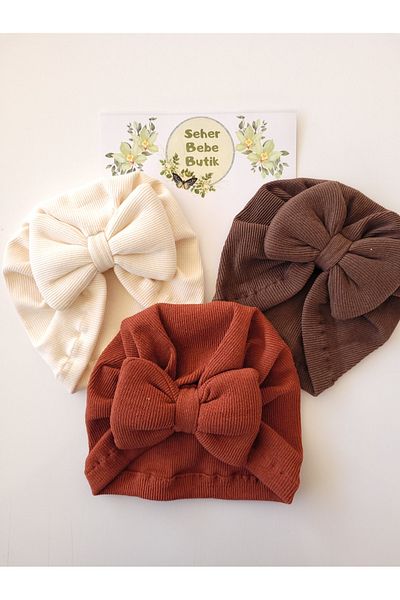 SeherBebeButik Baby Girl and Children's Bonnet with Colorful Bow - Set of 3