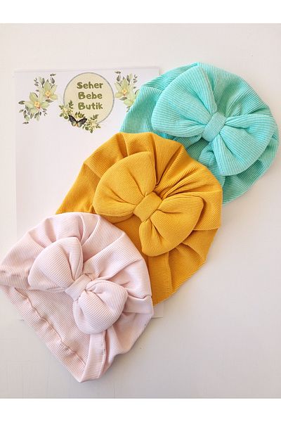 SeherBebeButik Baby Girl and Children's Bonnet with Colorful Bow - Set of 3
