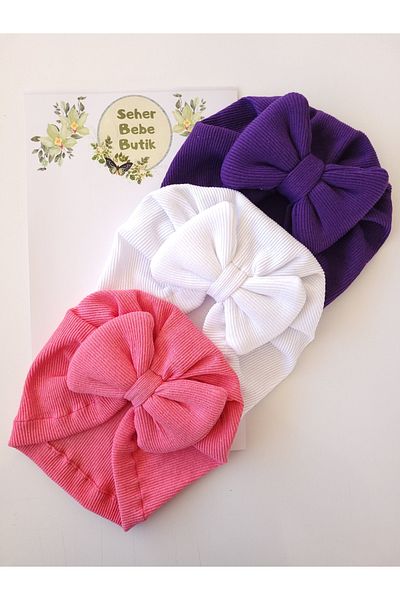 SeherBebeButik Baby Girl and Children's Bonnet with Colorful Bow - Set of 3