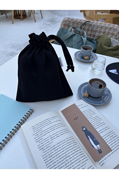 Sumicorn Design Siyah Çevre Dostu Bez Büzgülü İpli Düzenleyici Kese,Makyaj Çantası,Bez Poşet