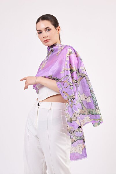 Nomads Felt Voile Silk Scarf| 55x180 cm| Van Gogh Almond Flower Purple| Nomad...