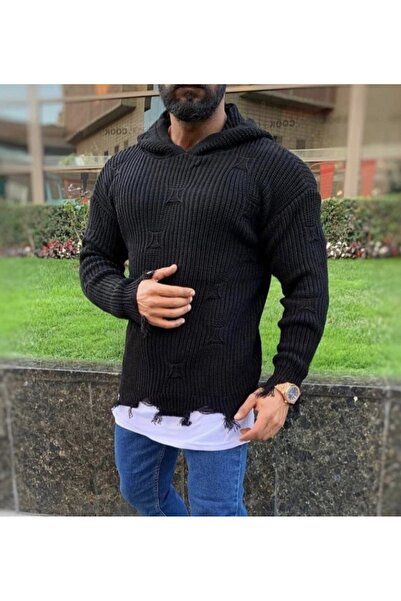 ayakuydur Erkek Siyah Kapşonlu Kazak