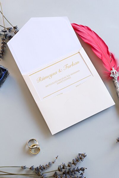 Pixel Davetiye 50-adet- Krem Yaldızlı Davetiye - Düğün - Nişan - Kına - Sünne...