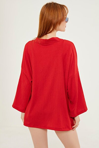 MEECY Woman's Red Layered Collar Boyfriend Knitted Jacket