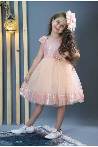 Retro Women Girl's Buckle Sequin Detailed Salmon Evening Dress Graduation Special Day Birthday Princess Dress