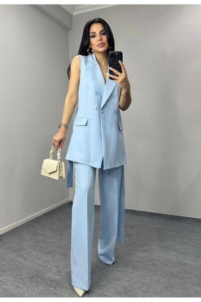 pembekurdelem Kadın Kuşaklı Yelek Pantolon Takım Bebe Mavi