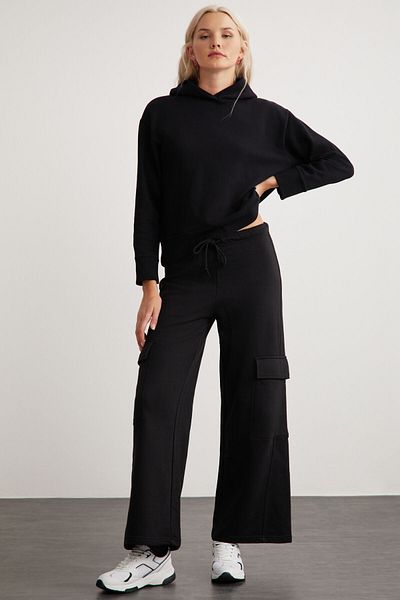 GRIMELANGE Pantaloni de sport negri Lyra pentru femei, 100% bumbac, cu buzunare cargo