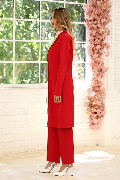 ELBENMODA Zarif Ceket Pantolon Ikili Tesettür Takım Kırmızı