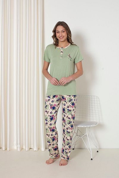 KAPİTEX Set de pijamale cu mânecă scurtă cu imprimeu floral verde - guler cu trei nasturi