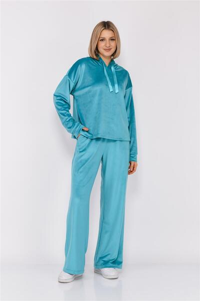 Nuseel Women's Soft Velvet Loose Fit Hooded Tracksuit Set Turquoise