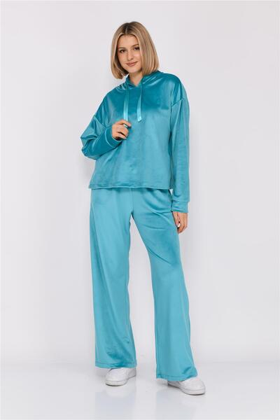 Nuseel Women's Soft Velvet Loose Fit Hooded Tracksuit Set Turquoise