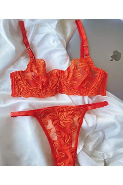 BLONDE STORE Turuncu Çiçekli Balenli Bralet Sütyen Takım