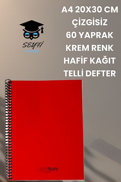SEYFİKİRTASİYE A4 20x30 سم - 60 ورقة سلكية غير مبطنة بغطاء بلاستيكي خفيف الوزن - لون كريمي