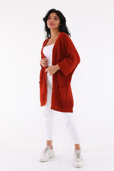 Devinka Cardigan din tricot cu buzunar lung, model oversize, gresie