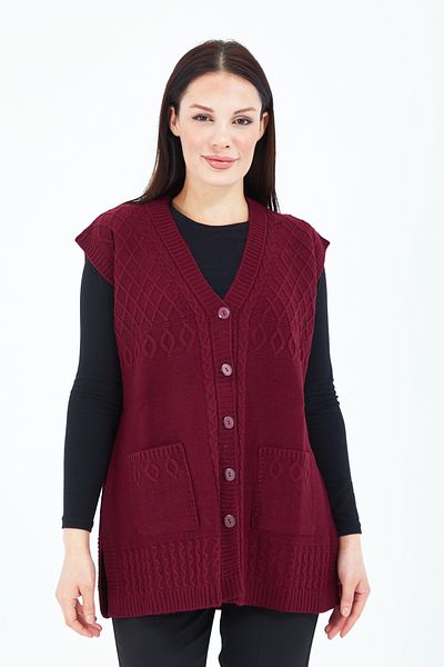 Stilmony Women's Burgundy Buttoned Mother's Wool Vest with Pockets