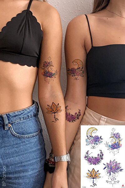 BP Tattoo Renkli Lotus Ve Ay Geçici Dövme