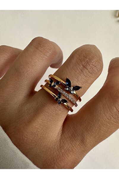 ringbox Gold Lacivert Renkli Kelebek Detaylı Zirkon Taşlı Kadın Yüzük