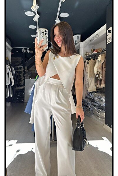 Sachistanbul Gold Buttoned Asymmetric Cut Vest Trousers Set