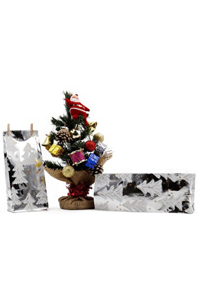 repro design Yılbaşı Temalı Metalik Gümüş Kese Kağıdı 8x20x5 Cm 10 Adet Model:19