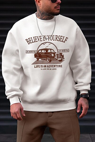 Millionaire Men's Off-White Cream Ecru Believe Printed 0 Crew Neck Oversize Loose Loose Fit Fleece Sweatshirt