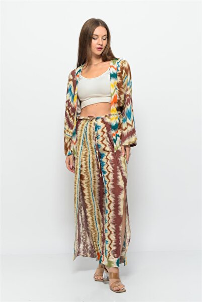 Nuseel Wave Patterned Pareo Trousers Patterned Brown-Turquoise