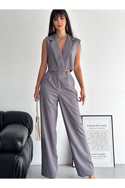 pembekurdelem طقم سترة وبنطلون مخطط باللون الرمادي الداكن