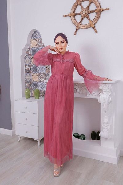 PİNK FLY Broderie Tesatura Scallop Dantela Detaliata Lungime Lungime Captusita Rochie Hijab Femei