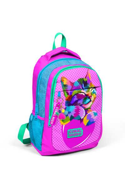 Coral High Kids Pembe Simli Kedi Desenli Üç Bölmeli Usb'li Okul Sırt Çantası 24301