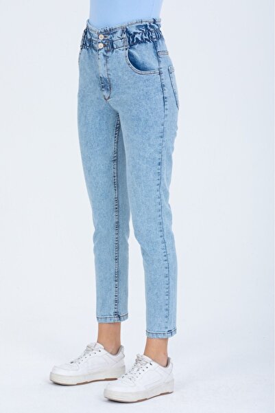 SHEVEGA Ice Blue High Waist Lycra Elastic Waist Button Detailed Mom Jean Jeans