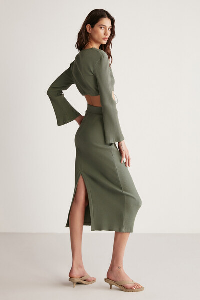 GRIMELANGE Fustă Kaki Midi, detaliată cu fermoar, pentru femei Lauren