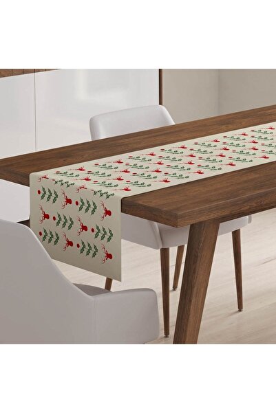 Tropikhome Krem Yılbaşı Temalı Dijital Baskılı Runner Yaprak Geyik Desenli