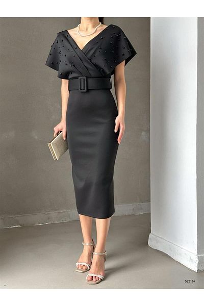 MODA DİNA Rochie cu centură midi cu perle negre, rochie de seară, rochie de acasă,