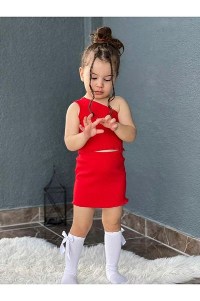 meqlife Girl's One Shoulder Crop Skirt Suit Red