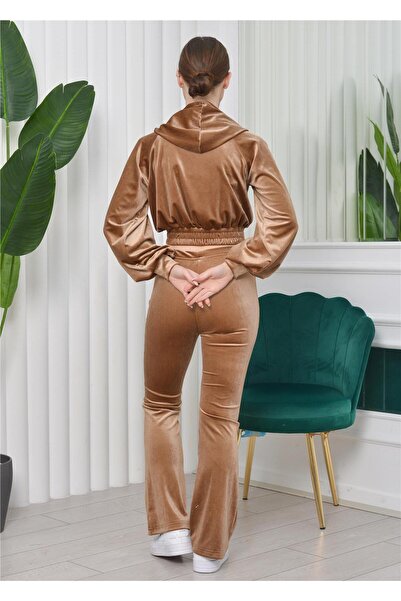 Nuseel Hooded Cardigan Crop Flared Leg Bottom 3-Piece Velvet Set Gold Color