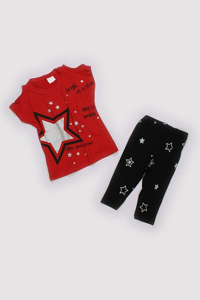 Peki Buy 5 Pay 4 Summer Girl's Jersey 100% Cotton Glittery Yildiz Printed Body & Leggings 2 Piece Set 13631