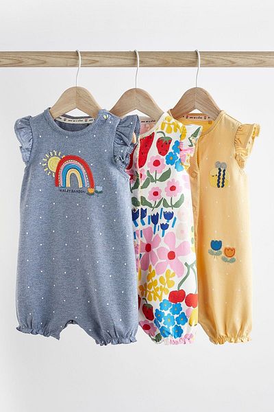Next Baby 100% Cotton Blue Yellow Rainbow Patterned 3-Piece Romper Set