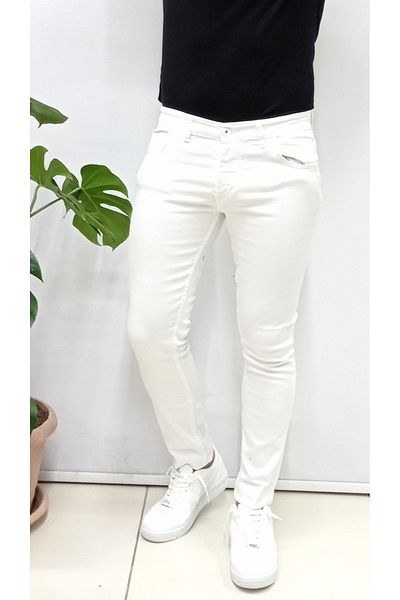 YNGMENCLASS Men's White Slim Fit Lycra Colored Jeans
