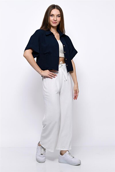 Nuseel Aerobin Crop Shirt Elastic Waist Trousers 2 Piece Set White