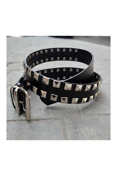 Köstebek Gothic Black Leather Belt with Pyramid Studs