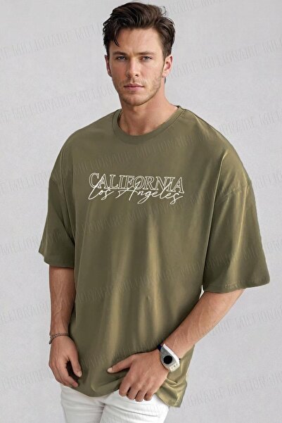 Teenage Millionaire تي شيرت رجالي من كاليفورنيا لوس أنجلوس كاكي برقبة دائرية مقاس كبير