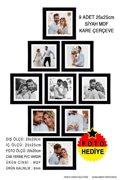 Bytwo 9 Pieces 25x25 Frame - Square Frame - Mdf Black Frame - Multiple Photo Frame Set