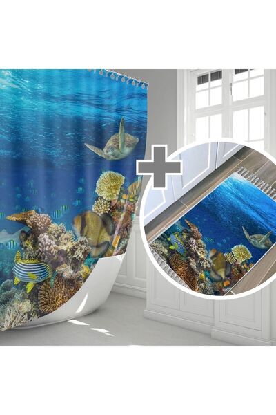 Tropikhome Akvaryum Desen Banyo Paspası Takımı, Mavi Banyo Perdesi, Mavi Pasp...