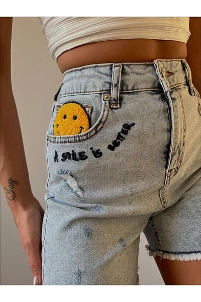 CeyssDesign Smiling Face Emoji Lycra Pantaloni scurți din denim cu talie înaltă
