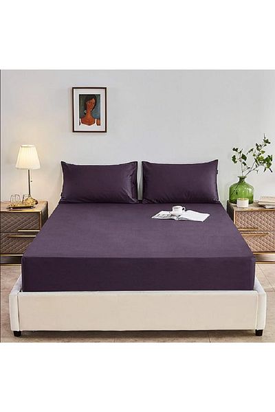 Ecosse Fitted Fitted Sheet Set 100% Cotton Single Dark Purple & 100x200 30 Cm Pillowcase