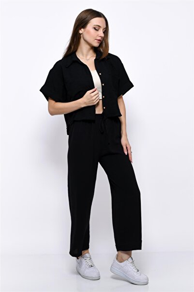 Nuseel طقم قميص Aerobin قصير بخصر مطاطي مكون من قطعتين باللون الأسود